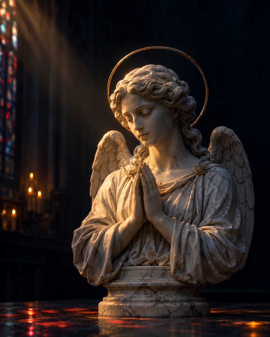 A marble angel with folded hands and a gold halo, illuminated by warm chapel light